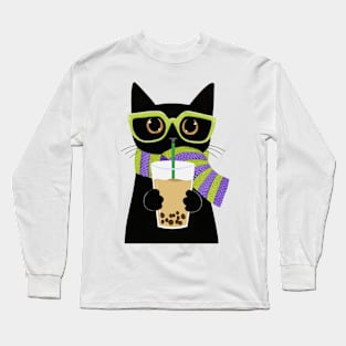 Lazy Black Cat Drinking Milk Tea Long Sleeve T-Shirt